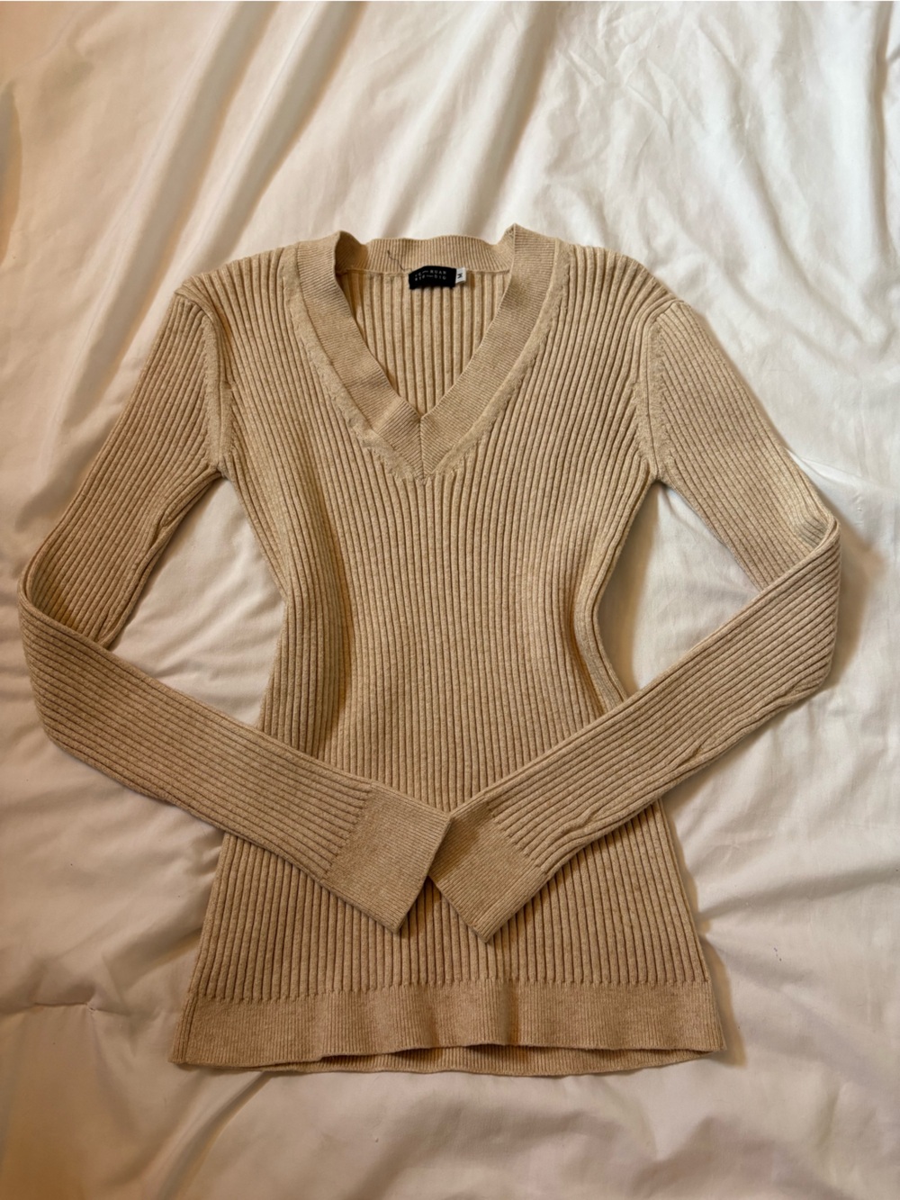 Ribbed V-Neck Sweater in Beige - Women